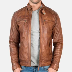 Men’s Cognac Quilted Shoulder Motorcycle Leather Jacket – Ryder