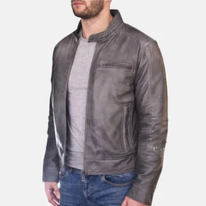 Men’s Grey Real Leather Cafe Racer Jacket - Nova