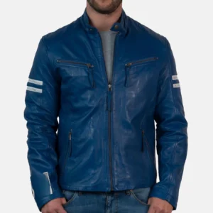Men's Octane Blue Motorcycle Leather Jacket - Dante