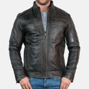 Men’s Vintage Black Real Leather Biker Jacket - Houston