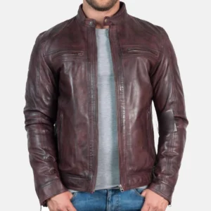 Men’s Vintage Burgundy Cafe Racer Leather Jacket - Houston