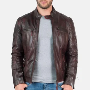 Mens Vintage Burgundy Leather Cafe Racer Jacket - Phoenix