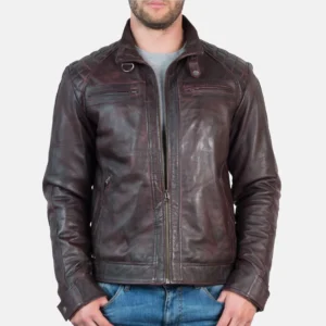 Men’s Vintage Burgundy Quilted Shoulder Biker Leather Jacket - Triumph