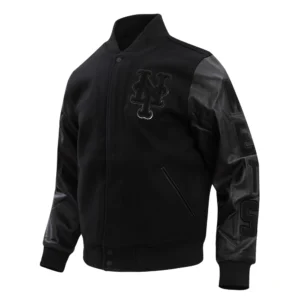 New York Mets Triple Black Wool & Leather Varsity Jacket