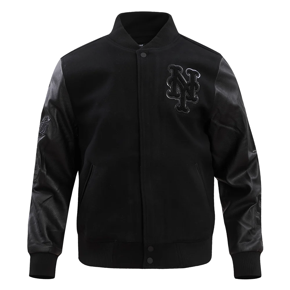New York Mets Triple Black Wool & Leather Varsity Jacket - Image 2