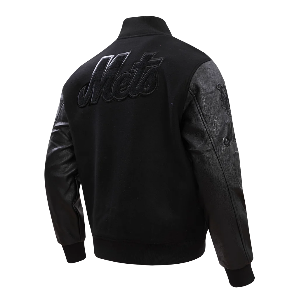 New York Mets Triple Black Wool & Leather Varsity Jacket - Image 3