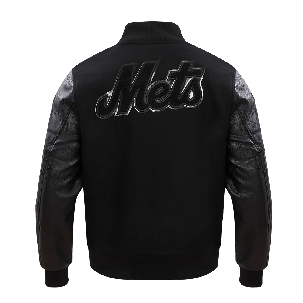 New York Mets Triple Black Wool & Leather Varsity Jacket - Image 4