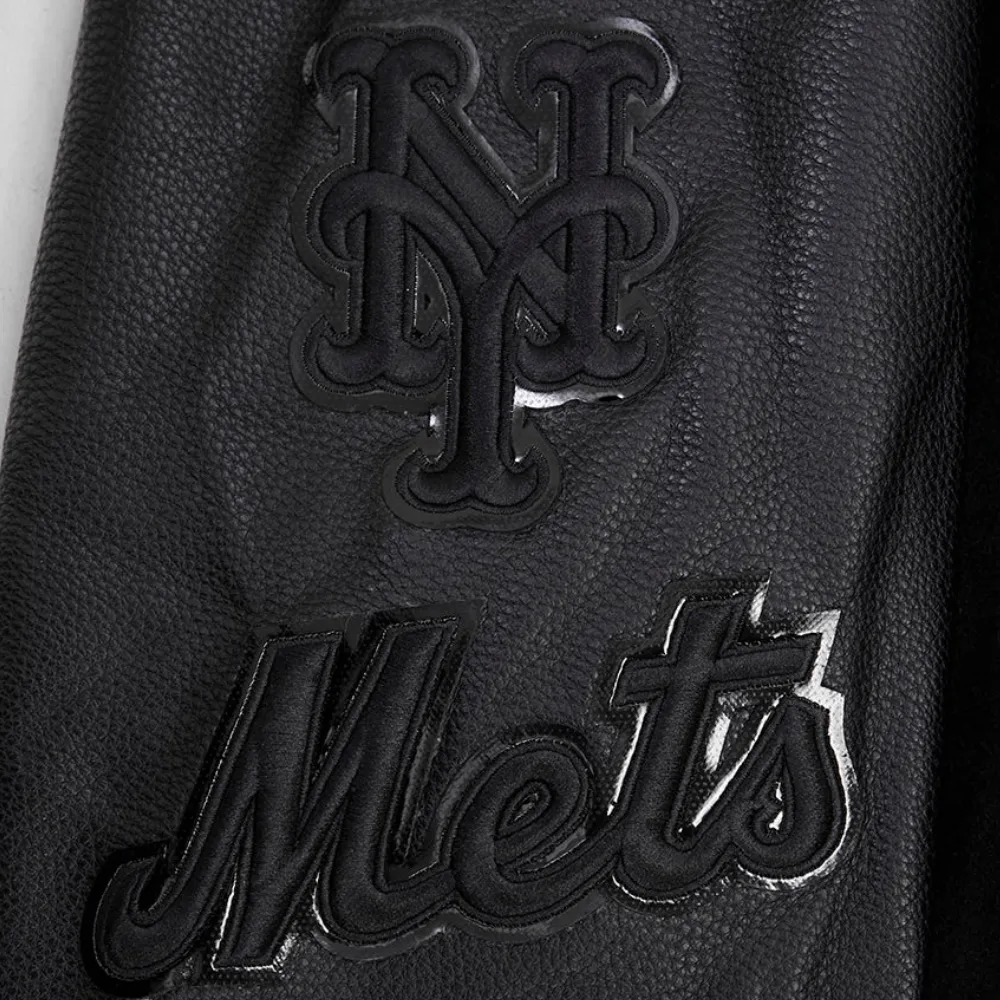 New York Mets Triple Black Wool & Leather Varsity Jacket - Image 7