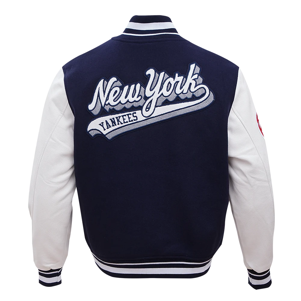 New York Yankees Script Tail Wool & Leather Varsity Jacket - Image 4