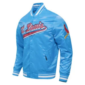 St. Louis Cardinals Pro Standard Script Tail Blue Satin Varsity Jacket