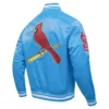 St. Louis Cardinals Pro Standard Script Tail Blue Satin Varsity Jacket - Image 3
