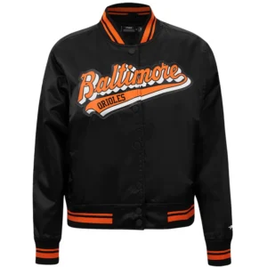 Women's Baltimore Orioles Script Tail Full-Snap Satin Varsity Jacket