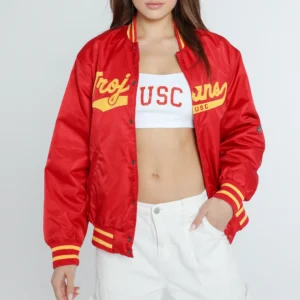 USC Trojans Women's A-Game Full-Snap Satin Red Varsity Jacket