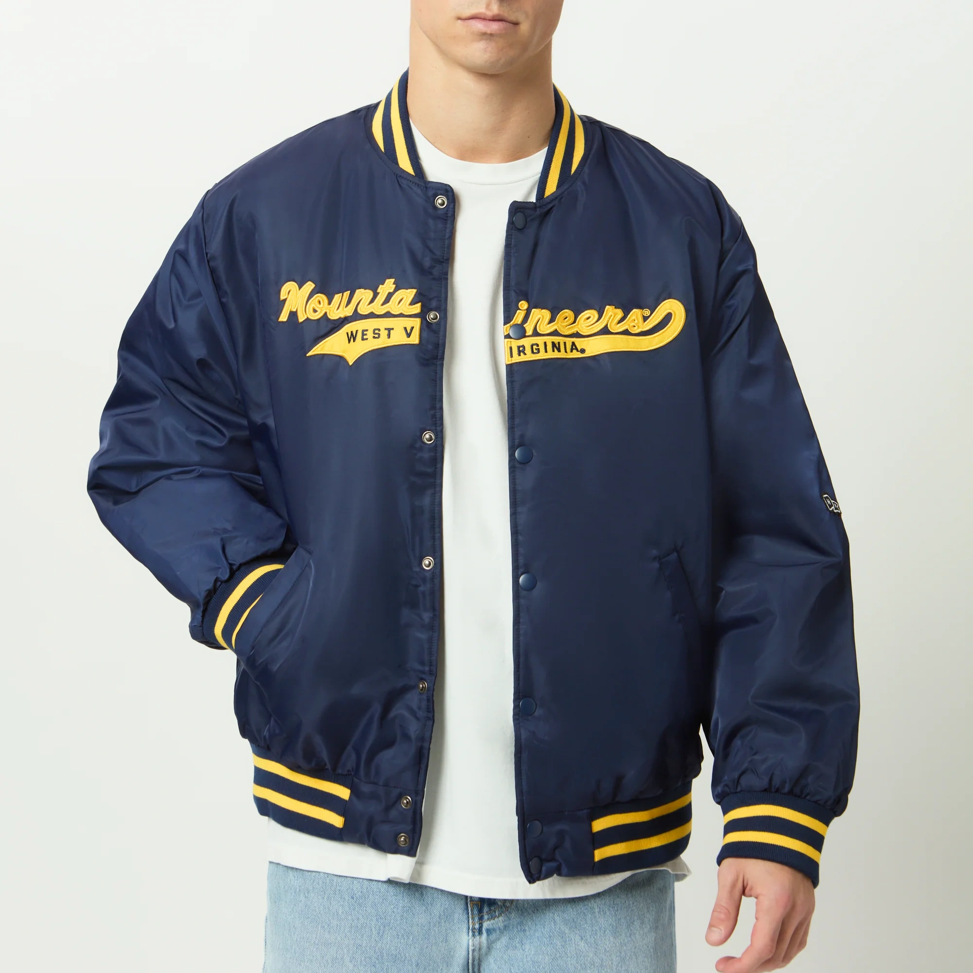 West Virginia Mountaineers Men's A-Game Full-Snap Satin Navy Varsity Jacket