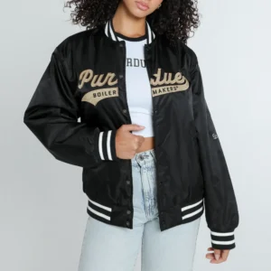 Womens A-Game University of Purdue Boilermakers Black Satin Varsity Jacket