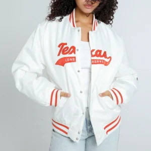Texas Longhorns Women's A-Game Full Snap Satin White Varsity Jacket