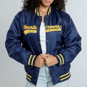 West Virginia Mountaineers Women's A-Game Satin Navy Varsity Jacket