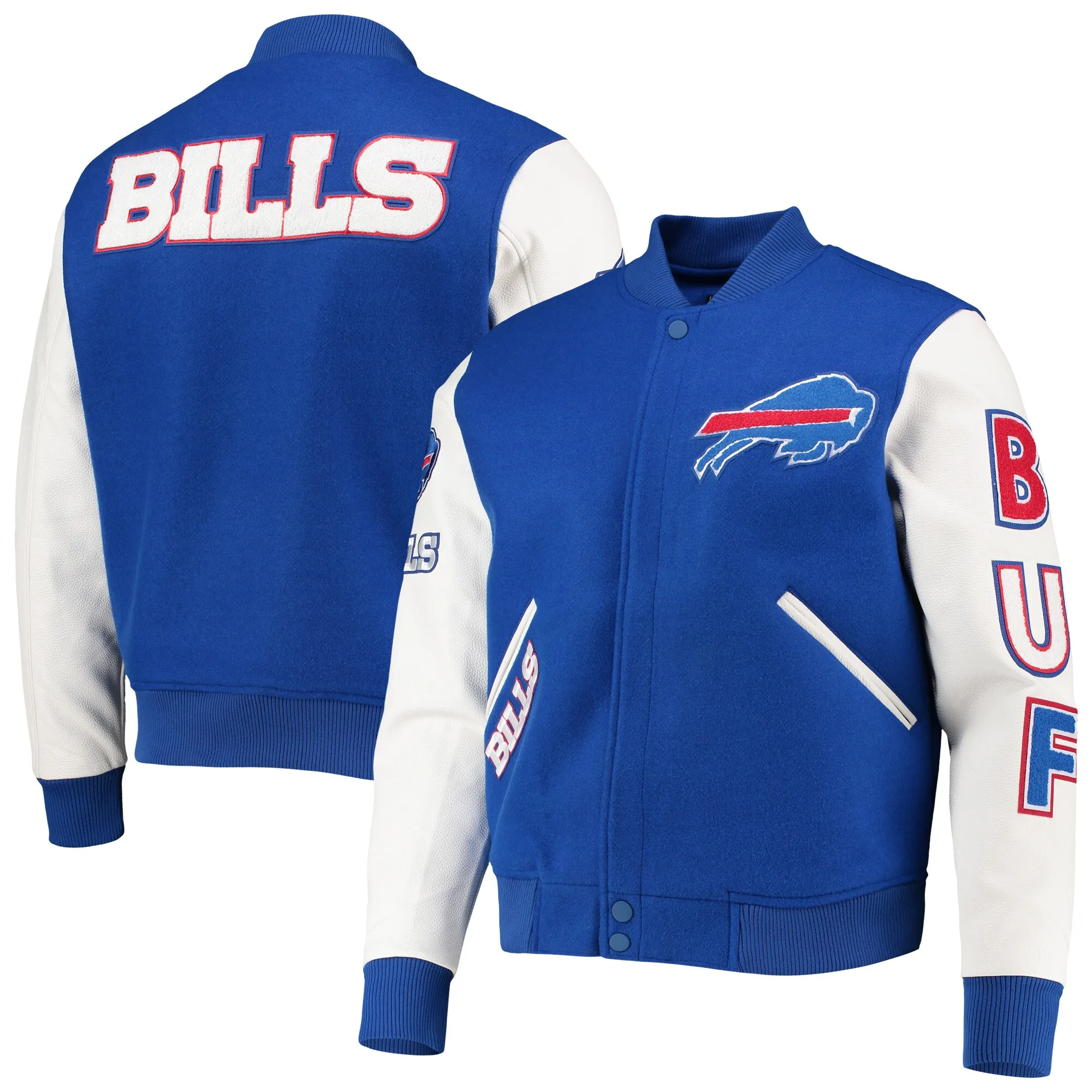 Buffalo Bills Classic Blue/White Leather Varsity Jacket For sale