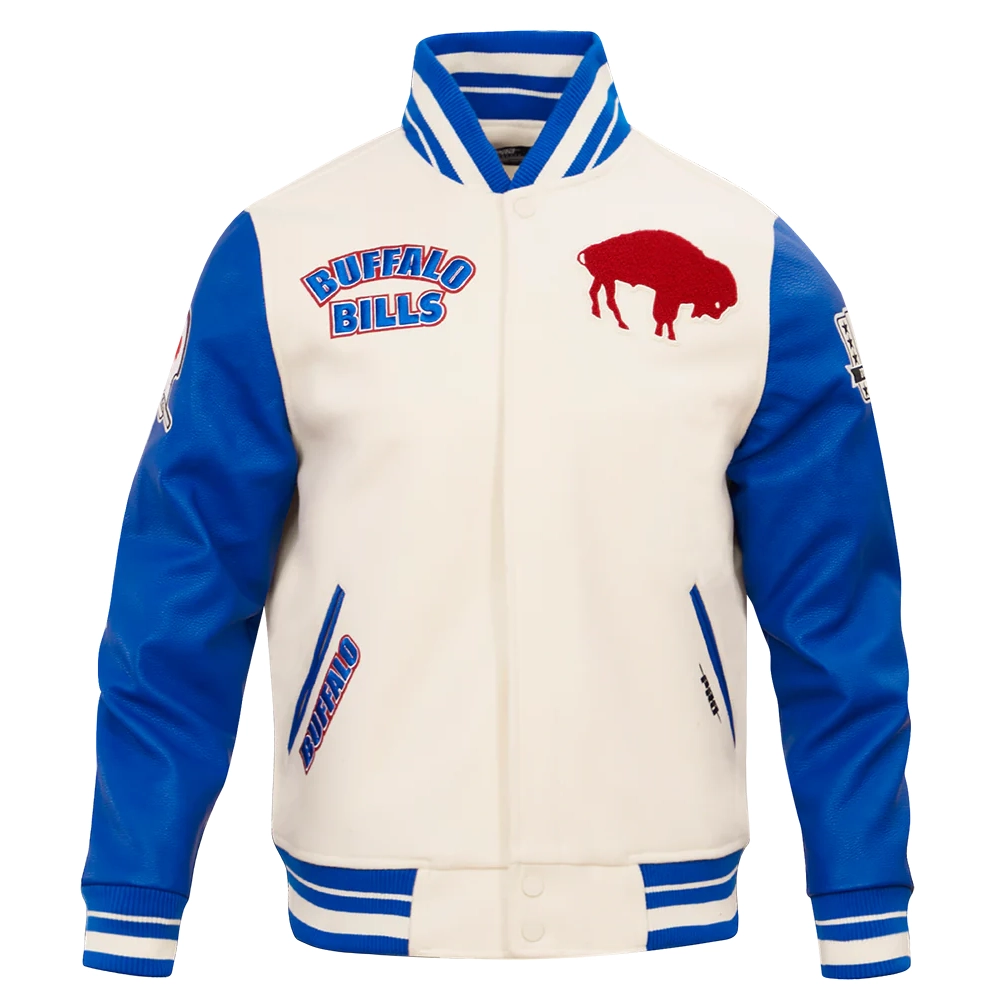 Buffalo Bills Retro Classic Men's Leather White/Blue Varsity Jacket For Sale