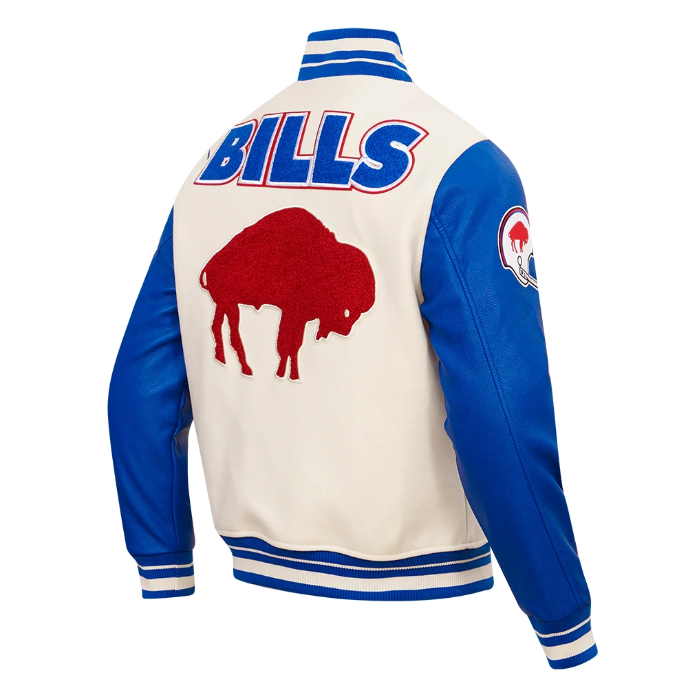 Buffalo Bills Retro Classic Men's Leather White/Blue Varsity Jacket On Sale