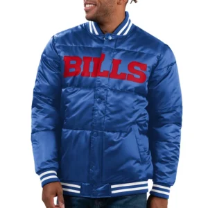 Buffalo Bills Bubble Puffer Crest Blue Satin Jacket