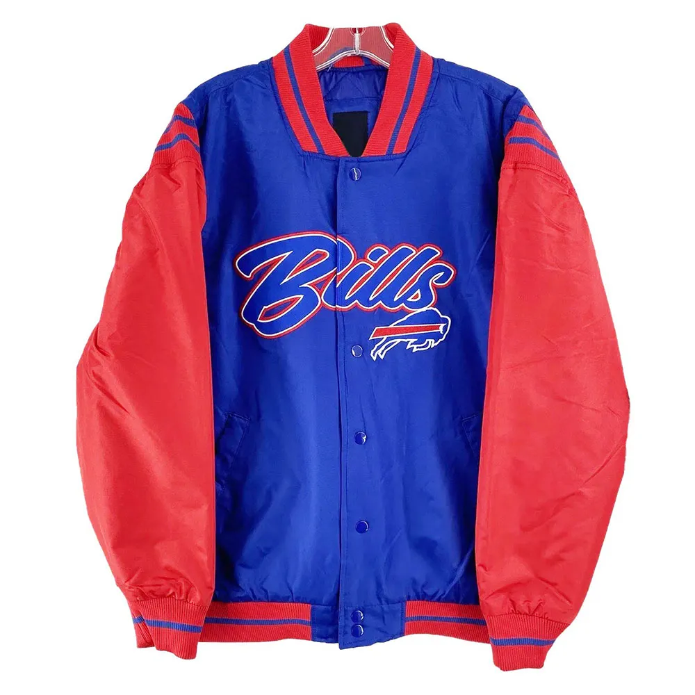 Buffalo Bills Button Up Blue-Red Satin Jacket - Image 3