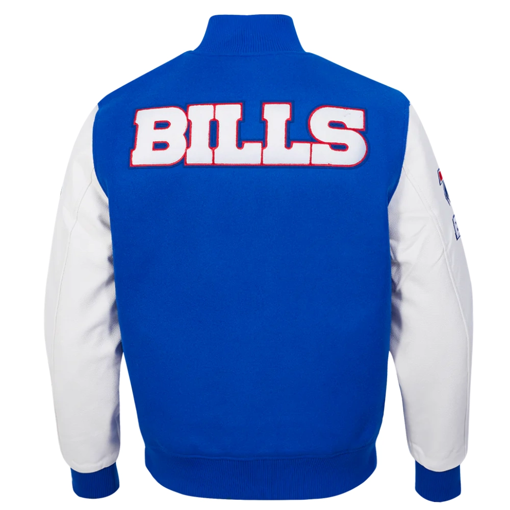 buffalo bills classic blue & white wool & leather varsity jacket