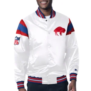 Buffalo Bills Full-Snap White Satin Varsity Jacket