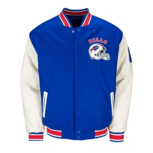 Buffalo Bills Helmet Button-Up Blue Wool/Leather Jacket