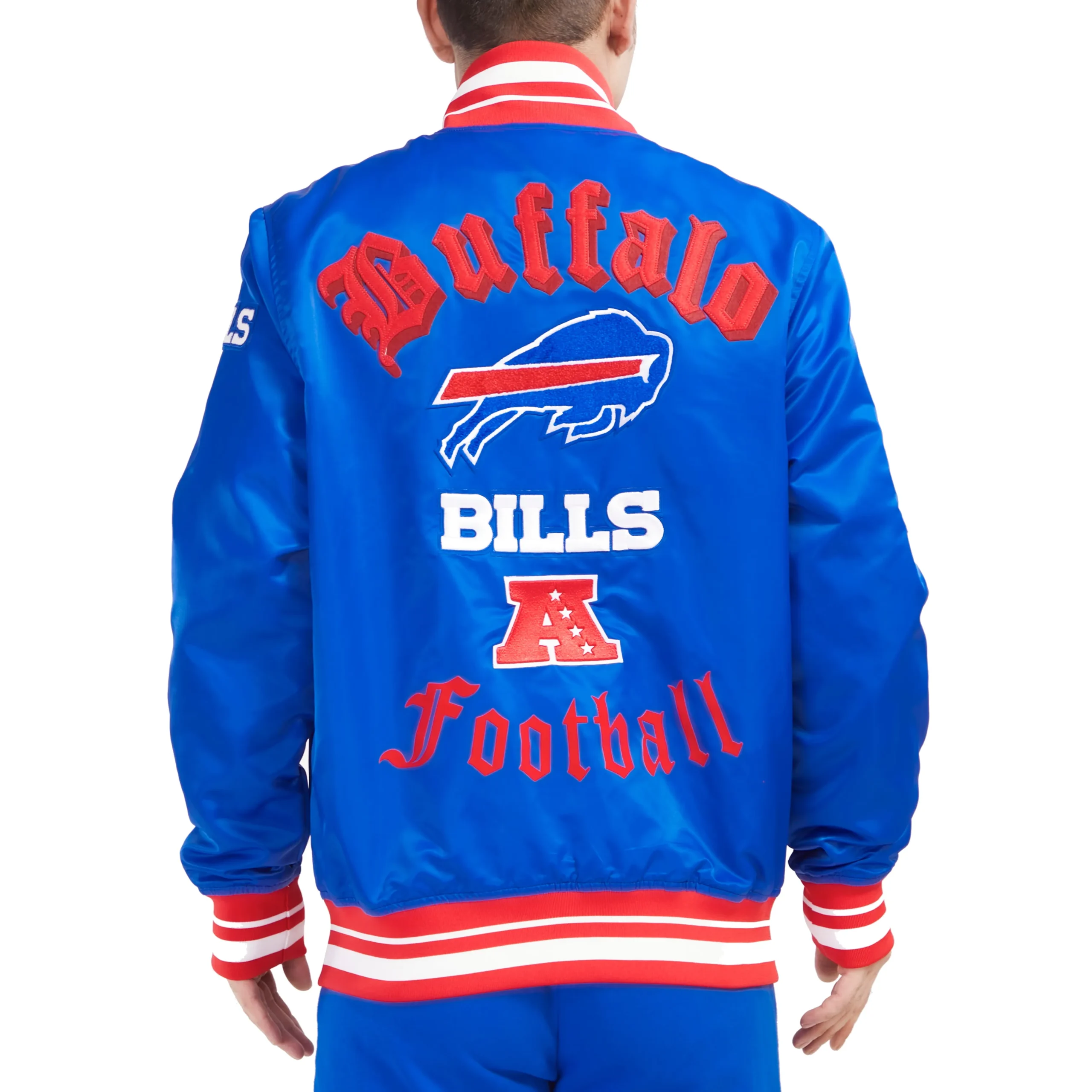 Buffalo Bills Old English Blue Satin Varsity Jacket - Image 3