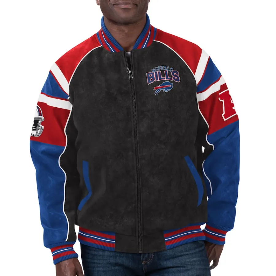 Buffalo Bills Raglan Suede Leather Black-Blue Jacket