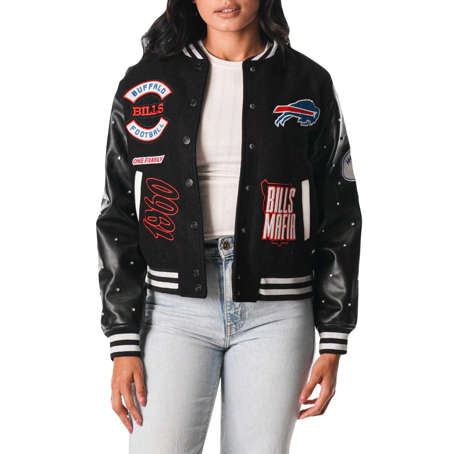Buffalo Bills Sparkle Woman's Black Wool & Leather Jacket