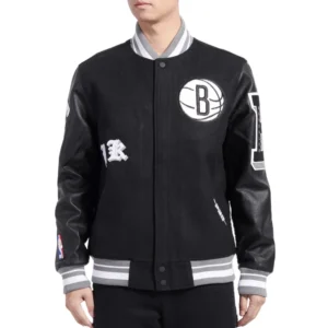 01 brooklyn nets old english rib wool leather varsity jacket black