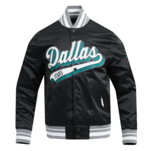 01 dallas stars script tail satin varsity jacket black