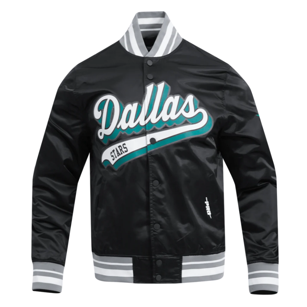 01 dallas stars script tail satin varsity jacket black