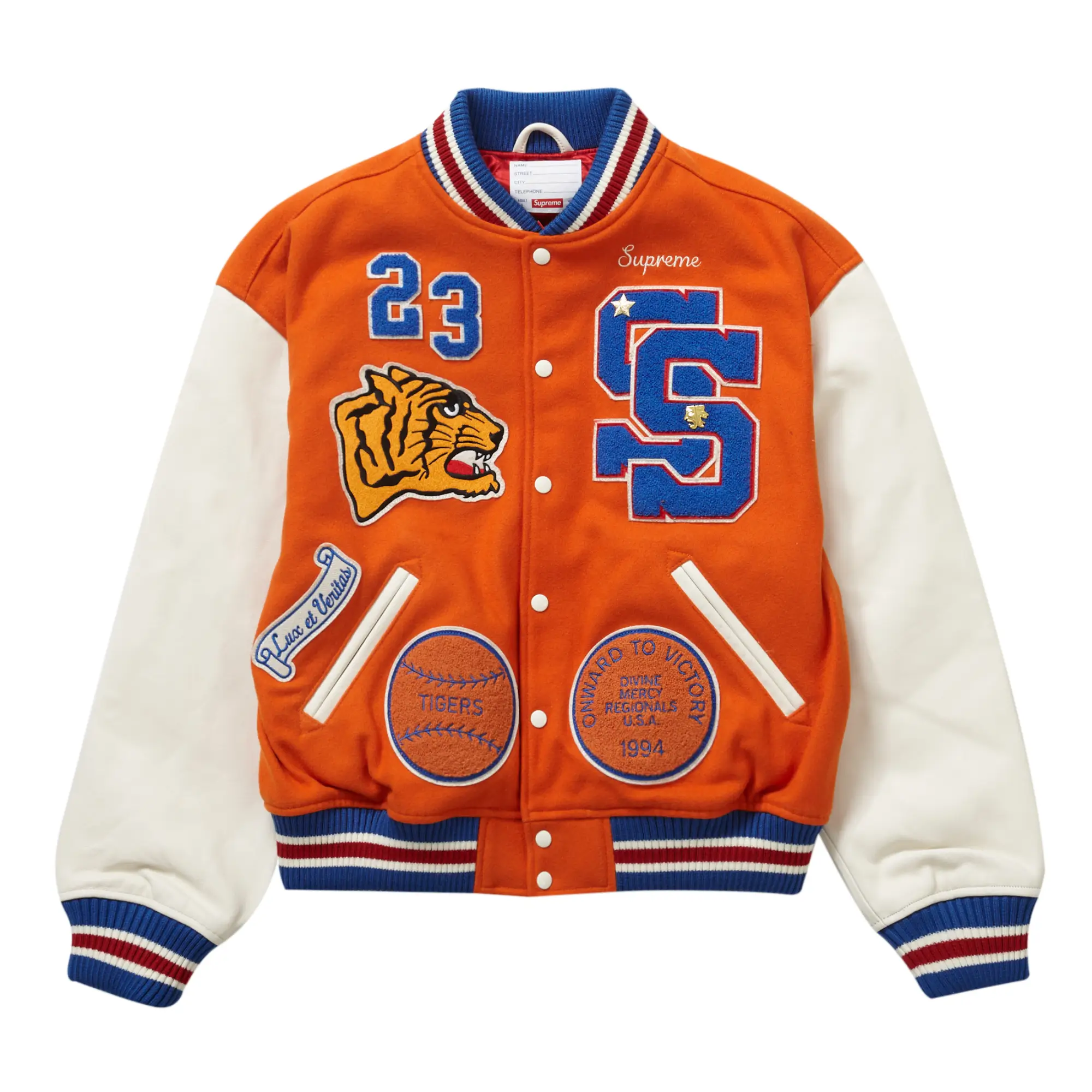 1 supreme tiger orange white varsity jacket