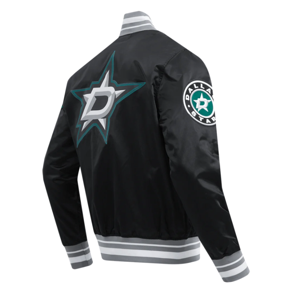 3 dallas stars script tail satin varsity jacket black