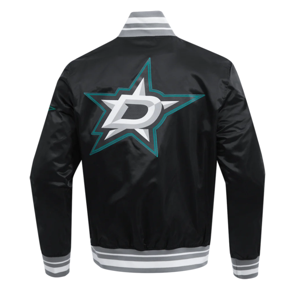 4 dallas stars script tail satin varsity jacket black