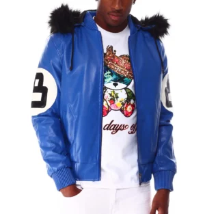 8 ball blue hooded leather bomber jacket 01