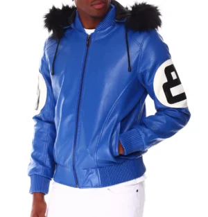 8 ball blue hooded leather bomber jacket 02