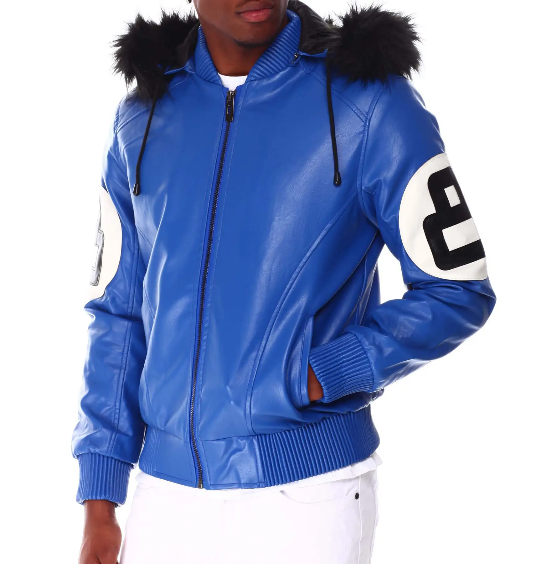 8 ball blue hooded leather bomber jacket 02