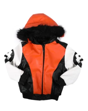 8 ball jacket w faux fur orange white trim hood 1