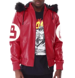 8 ball red hooded leather bomber jacket 01