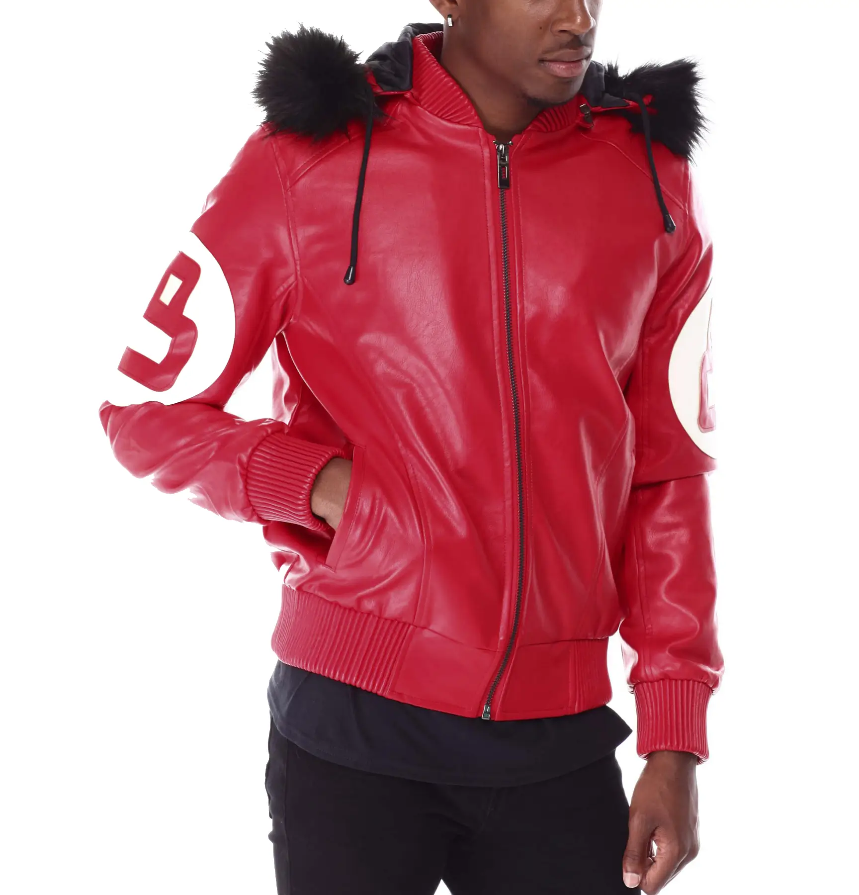 8 ball red hooded leather bomber jacket 03