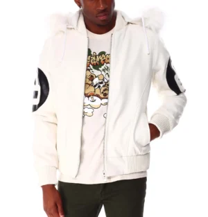 8 ball white hooded leather bomber jacket