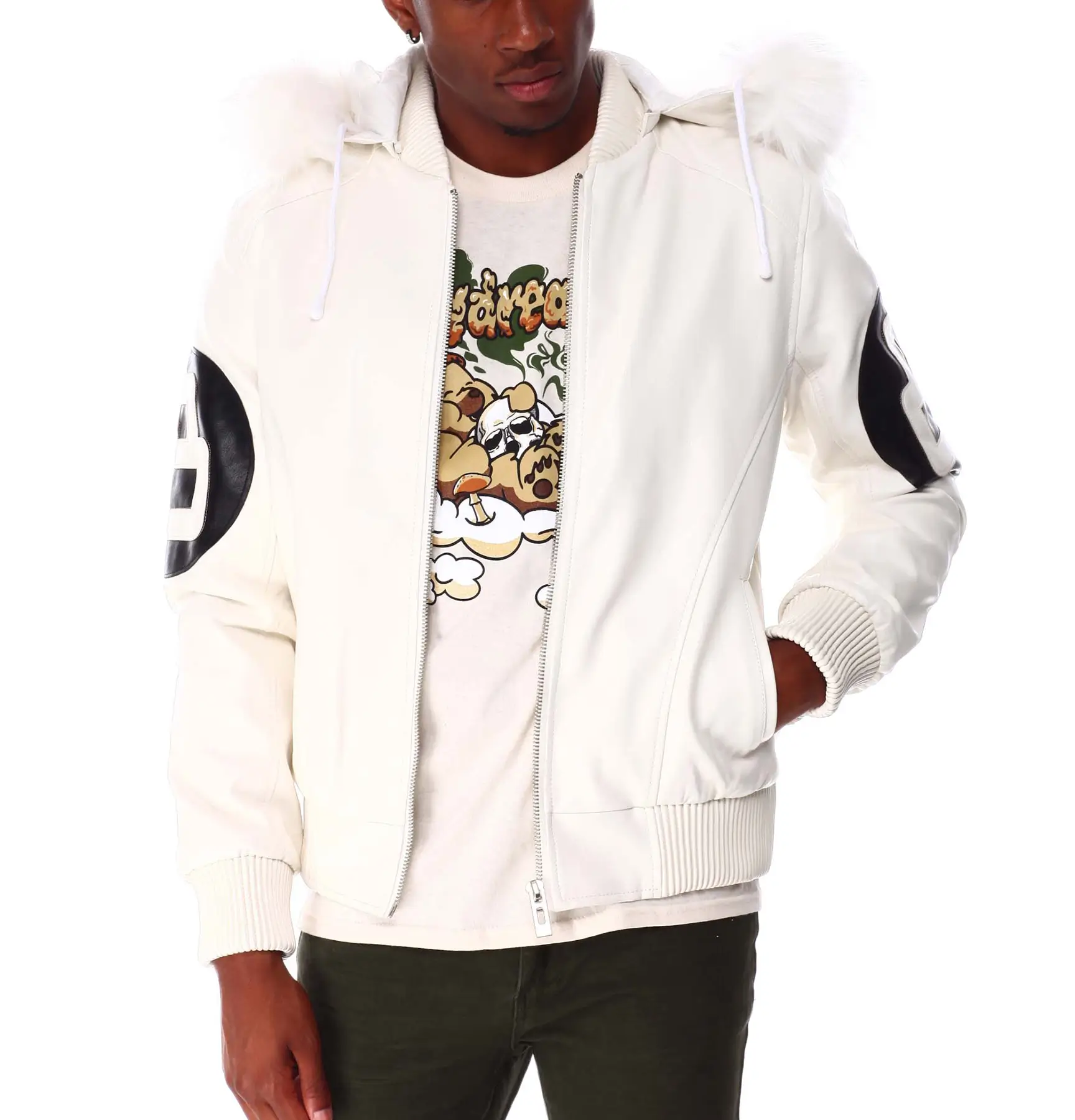 8 ball white hooded leather bomber jacket