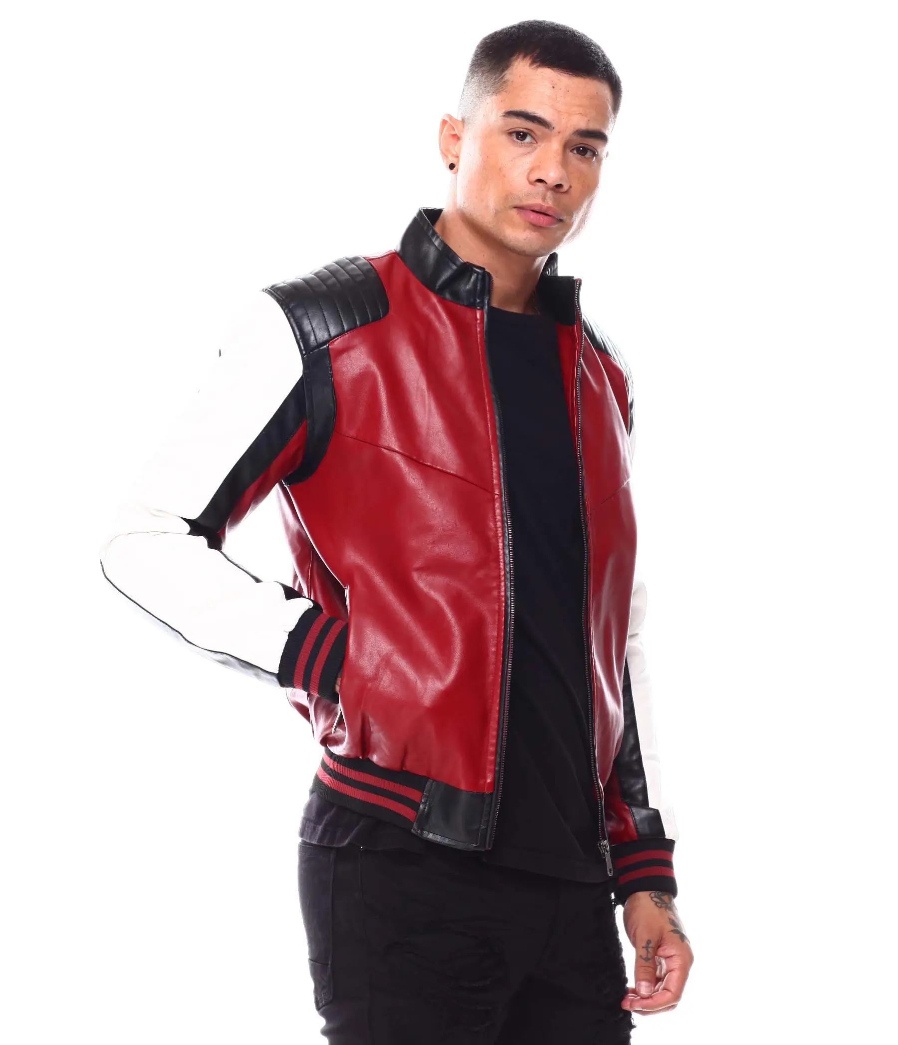90s moto colrblock red leather jacket 002