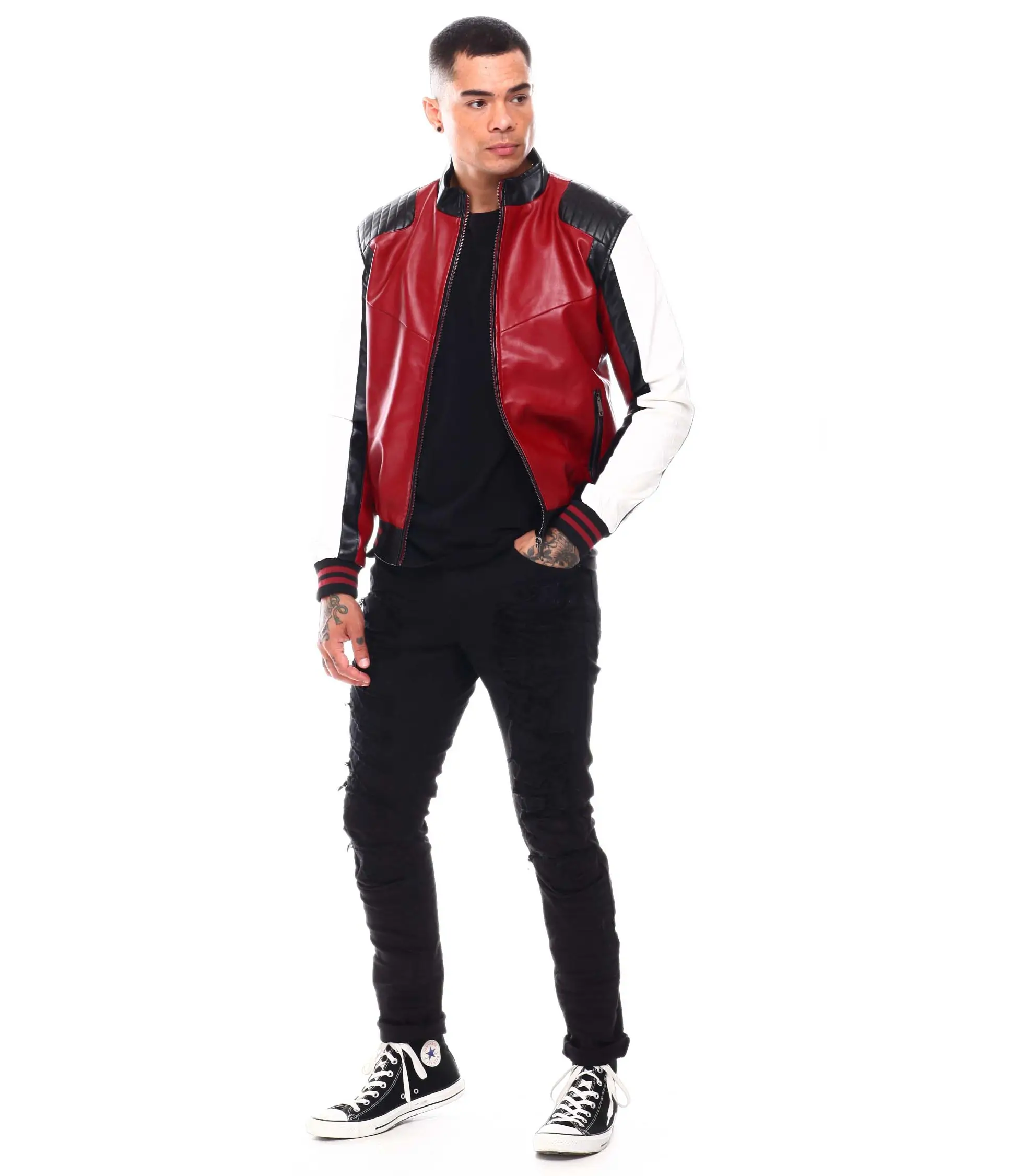 90s moto colrblock red leather jacket 004