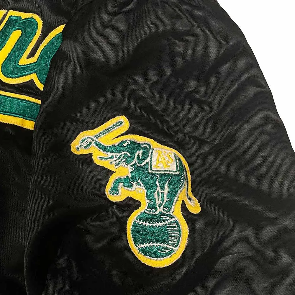 90s oakland athletics script black satin jacket