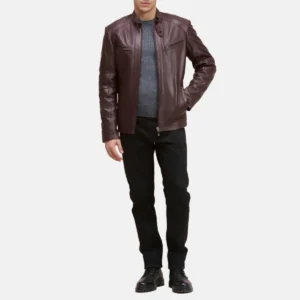Adjustable waist mens dark bordeaux leather jacket